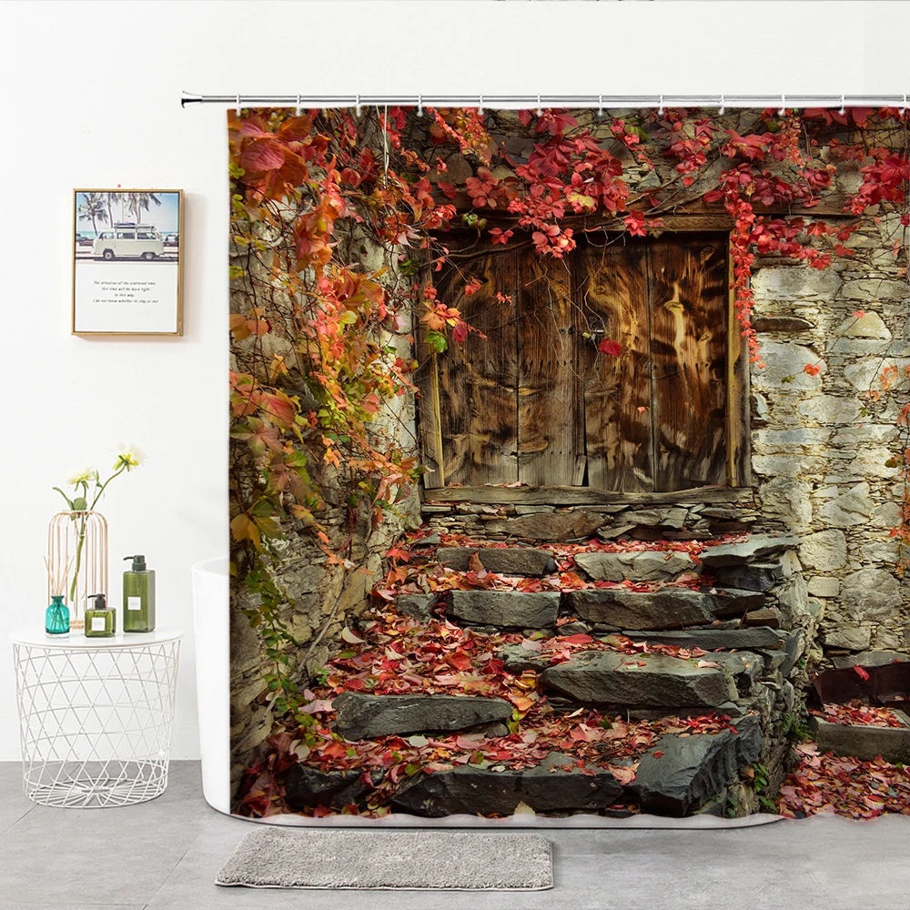 

Vintage Wooden Door Shower Curtain Old Wooden House Fall Colors For Bathroom Decor Windows Fresh flower Nature Home Curtains Set