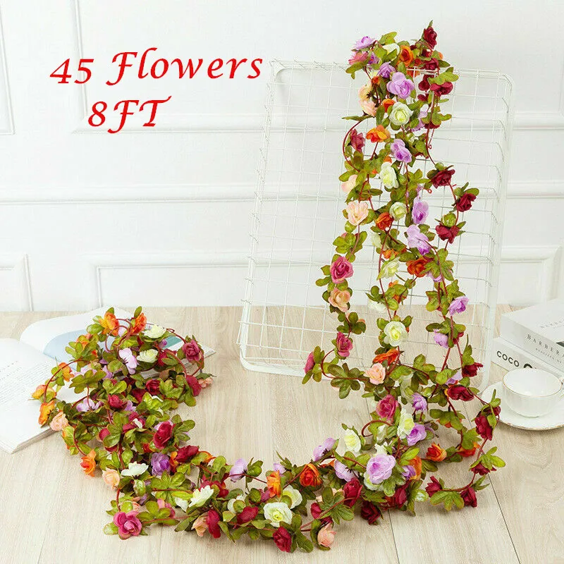 

45 Flowers 8Ft Artificial Silk Rose Flower Hanging Garland Vine Wedding Decor Multicolor Wreath Home Garden Decoration 11 Colors