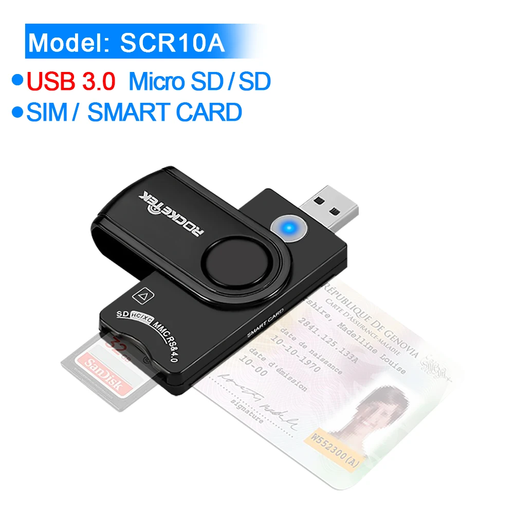 Rocketek USB 3,0 2,0 мульти смарт-кард-ридер SD/TF micro SD память, ID, банковские карты, sim cloner разъем адаптера компьютера ПК - Цвет: SCR10A