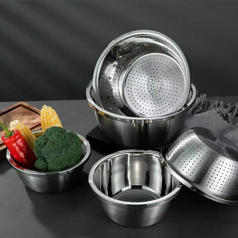 

304 Stainless Steel Vegetables Basin Egg Mixing Bowls Rice Sieve Drain Basket Soup Basin Strainer Kitchen Cooking Storage Tools