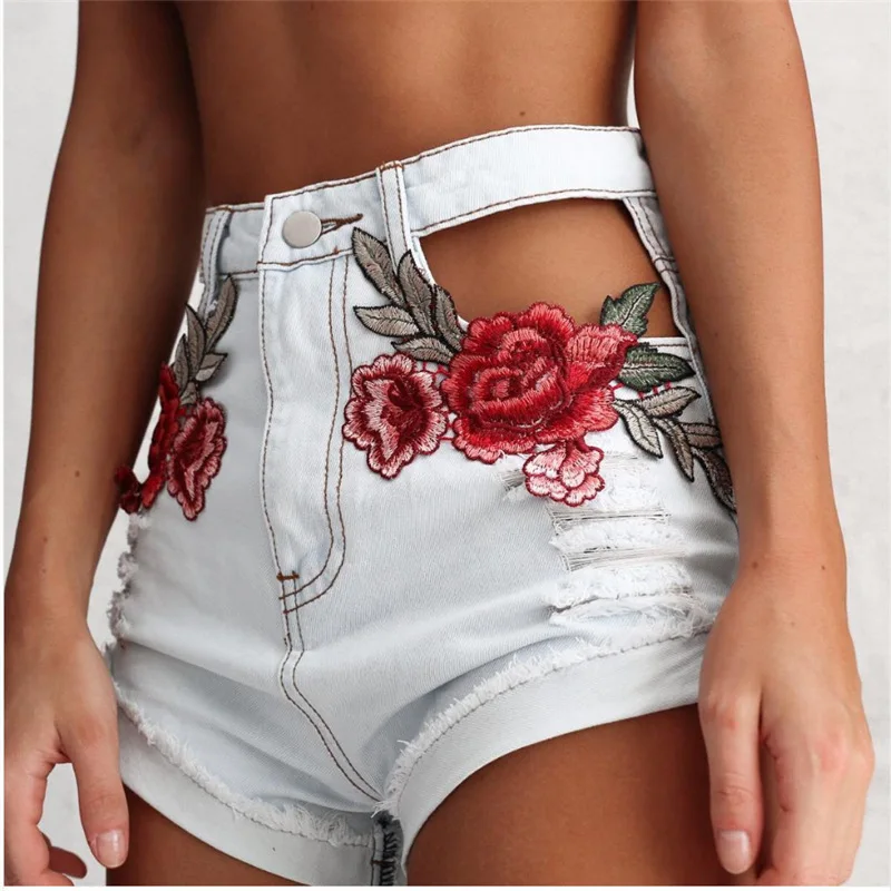 

Women's European and American Applique Embroidered High Waist Denim Shorts Ripped Jeans for Women Skinny