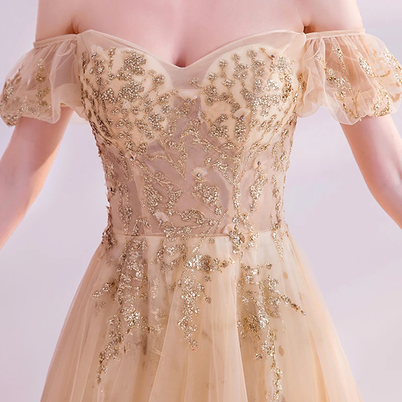 

Gold Luxury Evening Dress Illusion Off The Shoulder Tulle A-Line Sequined Beading Crystal Elegant Women Formal Dresses TS239