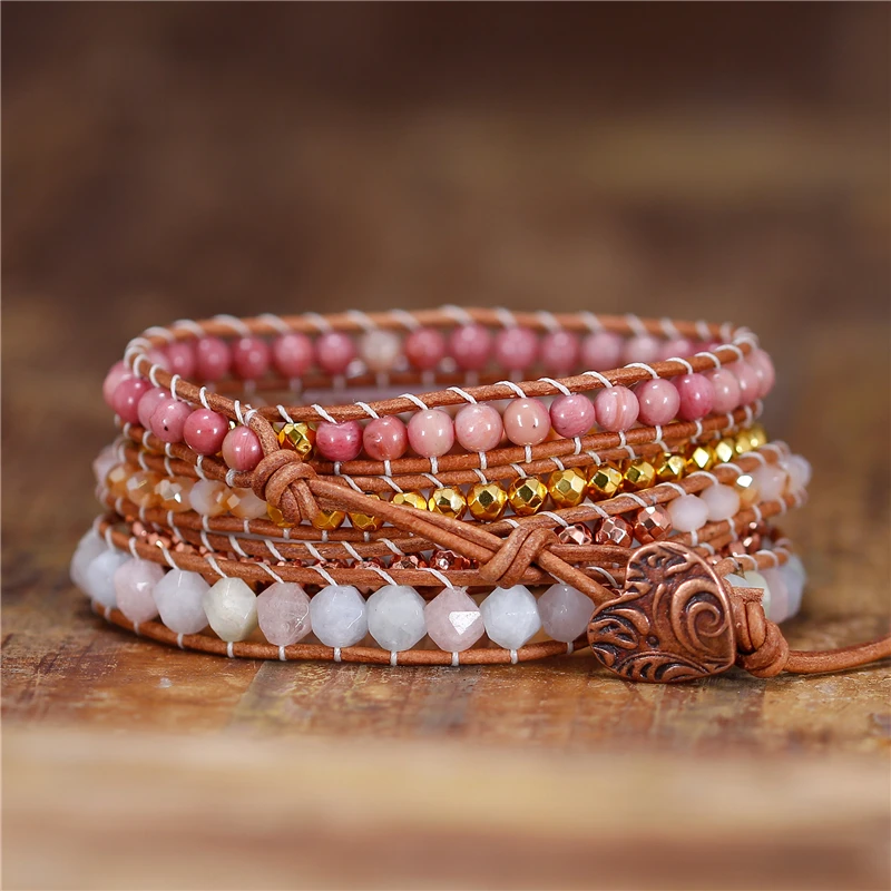 

Women Beads Leather Bracelet Yoga Natural Stones Pink Quartz Crystal 5 Strands Wrap Bracelets Bohemian Beads Bracelet Dropship