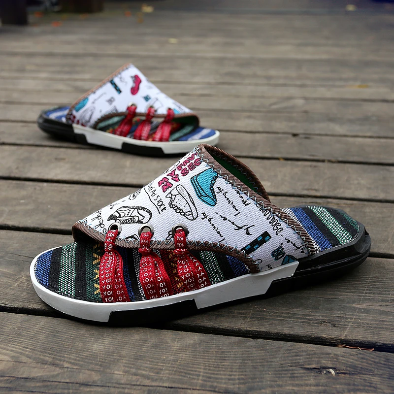 2020 летние мужские повседневные тапочки модные тканевые домашние в стиле ретро с