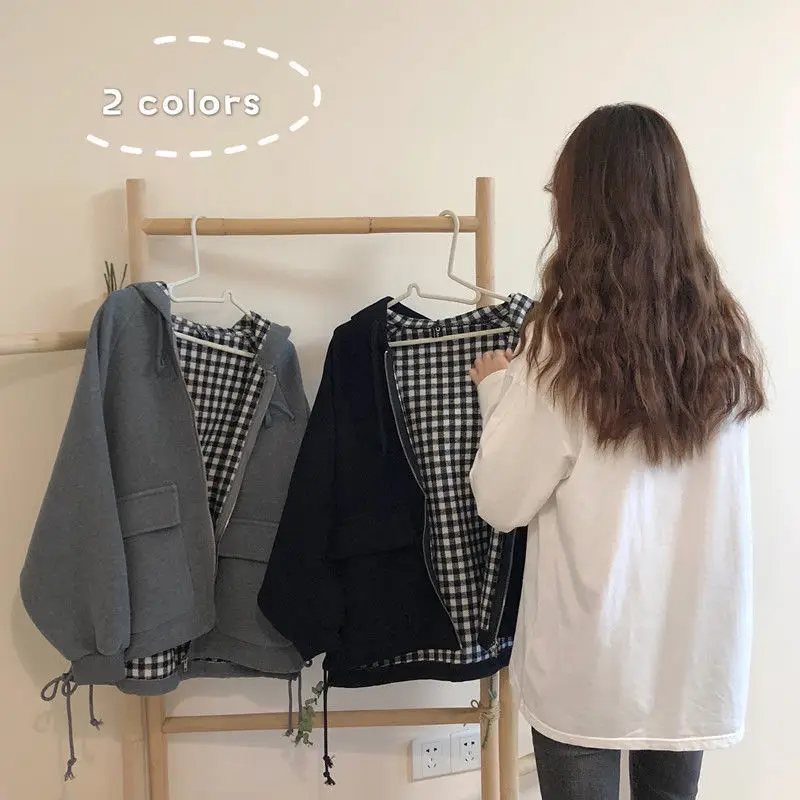 

Jackets Women Plaid Hooded Autumn Outwear Coats Casual Ins Loose Oversize Harajuku Teens Streetwear Bomber Jacket Plus Size Tops