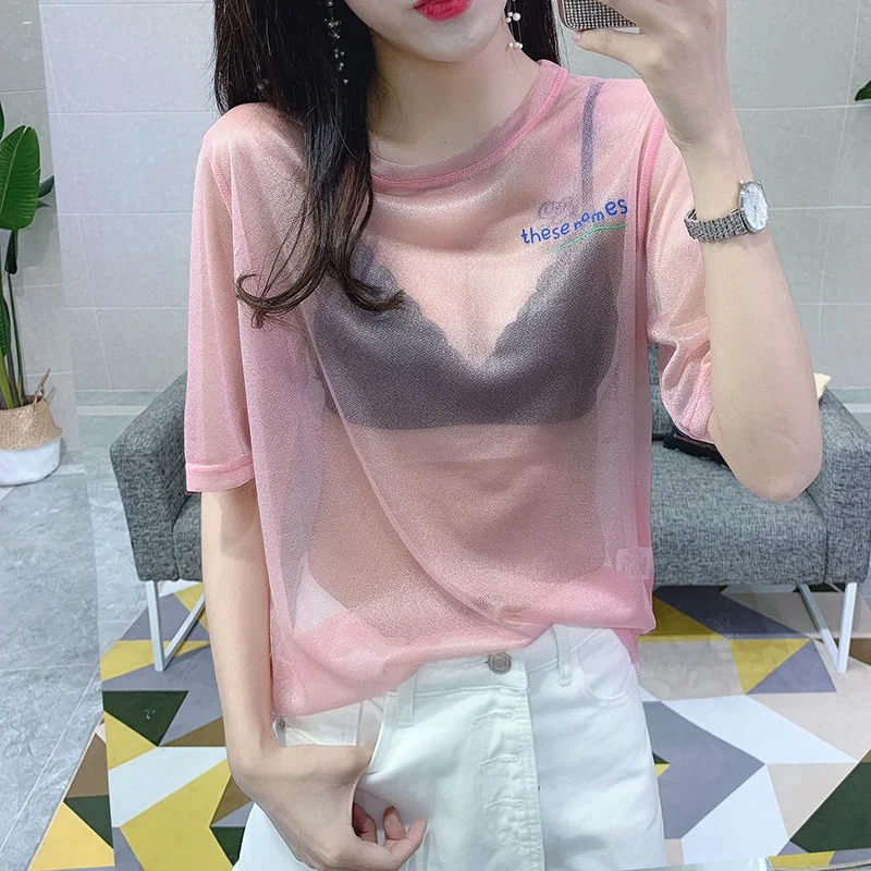 

Europe station 2020 summer new European products perspective sexy T-shirt women's short sleeve letter nightclub style top