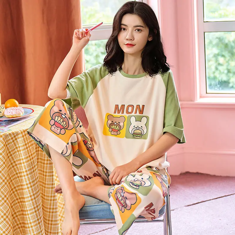 Pajamas Female Summer Short-sleeved Seven Pants Cotton Korean Version of The Casual CuteCartoonThinSectionOutsideWearHomeWearSet