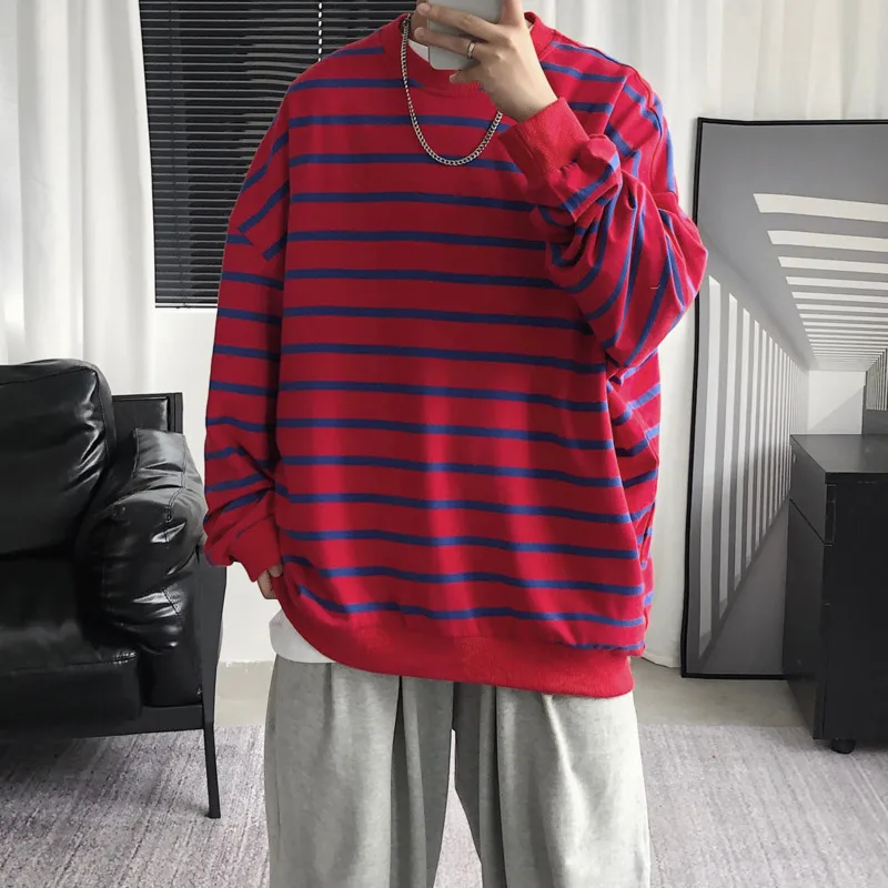 

Autumn Korean Striped Hoodie Men's Fashion Casual Cotton Sweatshirt Men Streetwear Loose Hip-hop Pullover Hoodies Mens S-2XL