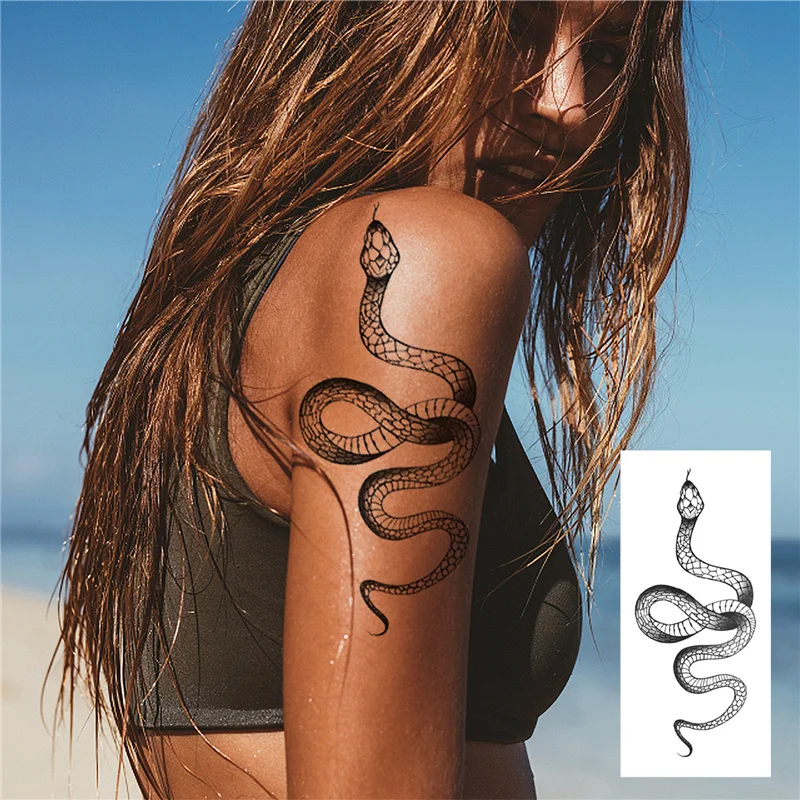 Временные тату-наклейки для женщин и мужчин черная змея роза водостойкая
