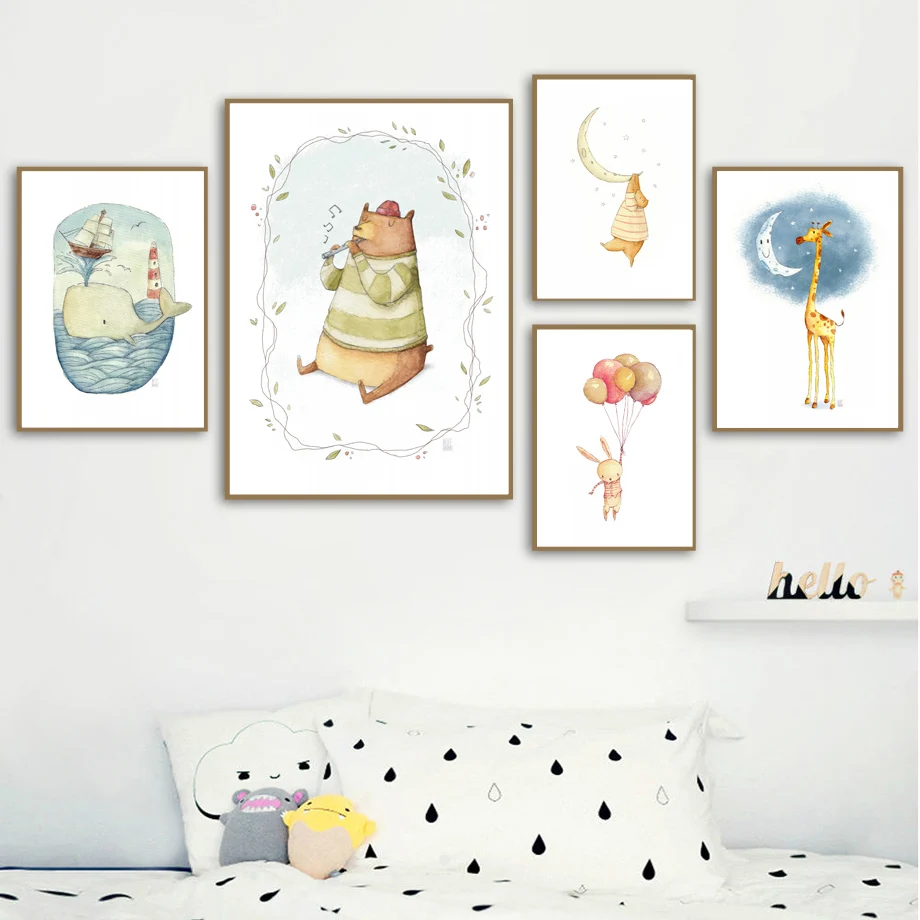 Bear Rabbit Fox Giraffe Lion Cartoon Wall Art Canvas Painting Nordic Posters And Prints Pictures Baby Kids Room Home Decor | Дом и сад