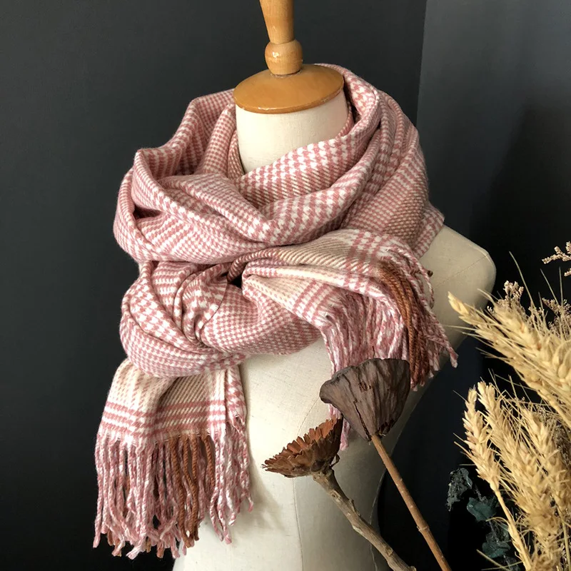 

Зимний модный женский теплый шарф с защитой шеи, клетчатый длинный шарф с бахромой, супермягкий кашемировый шарф, однотонный, стандартный ...