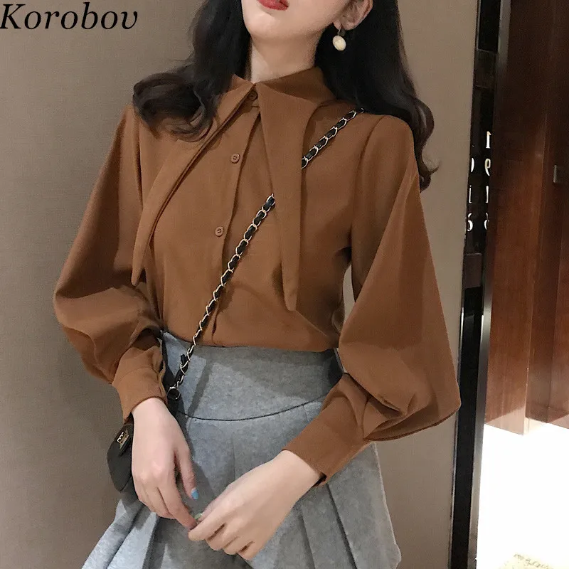 Женская рубашка с отложным воротником Korobov однотонная винтажная блузка длинным