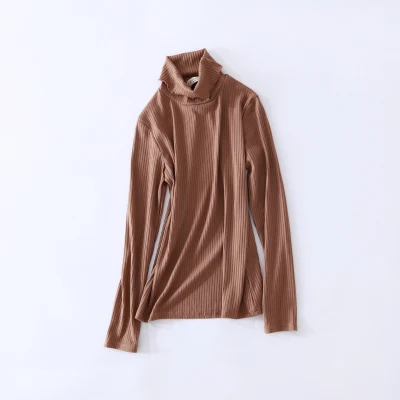 turtleneck khaki Новые тонкие женские трикотажные футболки с длинным рукавом и круглым вырезом, однотонные обтягивающие повседневные топы, зимние вязаные топы с высоким воротом - Цвет: turtleneck khaki