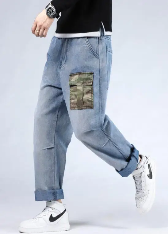 Men Jeans Patch Pocket Hip Hop Harem Jeans Camouflage Patch Denim Pants Loose Baggy Jeans Skateboard  Jeans