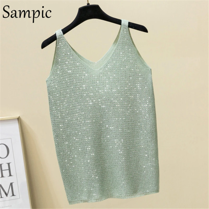 Sampic party club casual sexy pink black strap knitted rhinestone crop top t shirt women Ssequined tank camis mujer summer | Женская