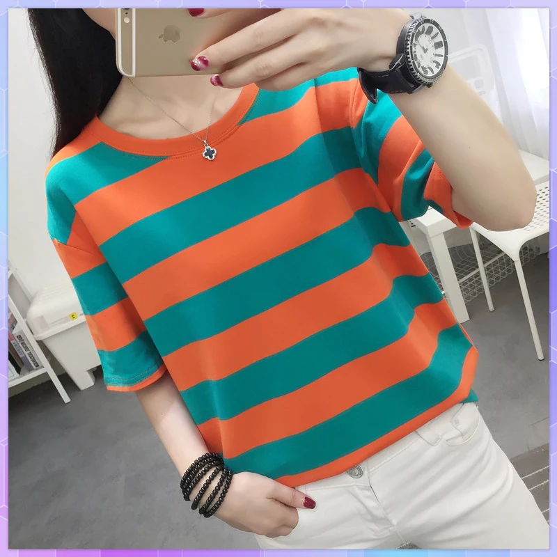 

Полосатая футболка большого размера, летний топ с коротким рукавом, винтажные футболки, Женская свободная футболка, Гонконгская футболка, ж...