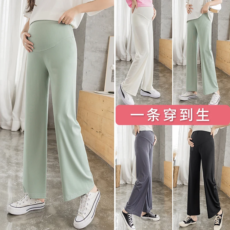 

209# Summer Thin Ice Feel Maternity Long Pants Wide Leg Loose Elastic Waist Belly Clothes for Pregnant Women Casual Pregnancy