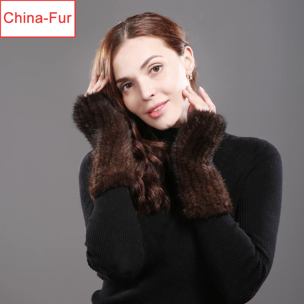 Зимние женские перчатки из натурального меха норки меховые без пальцев модные