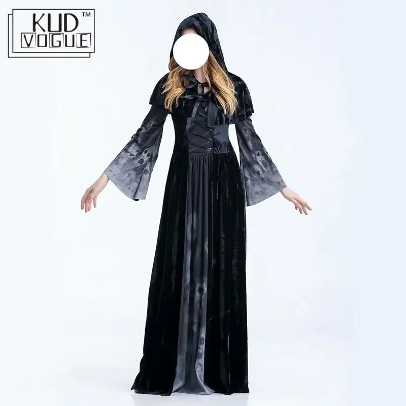 Длинное черное платье в готическом стиле для взрослых на Хэллоуин костюмы с