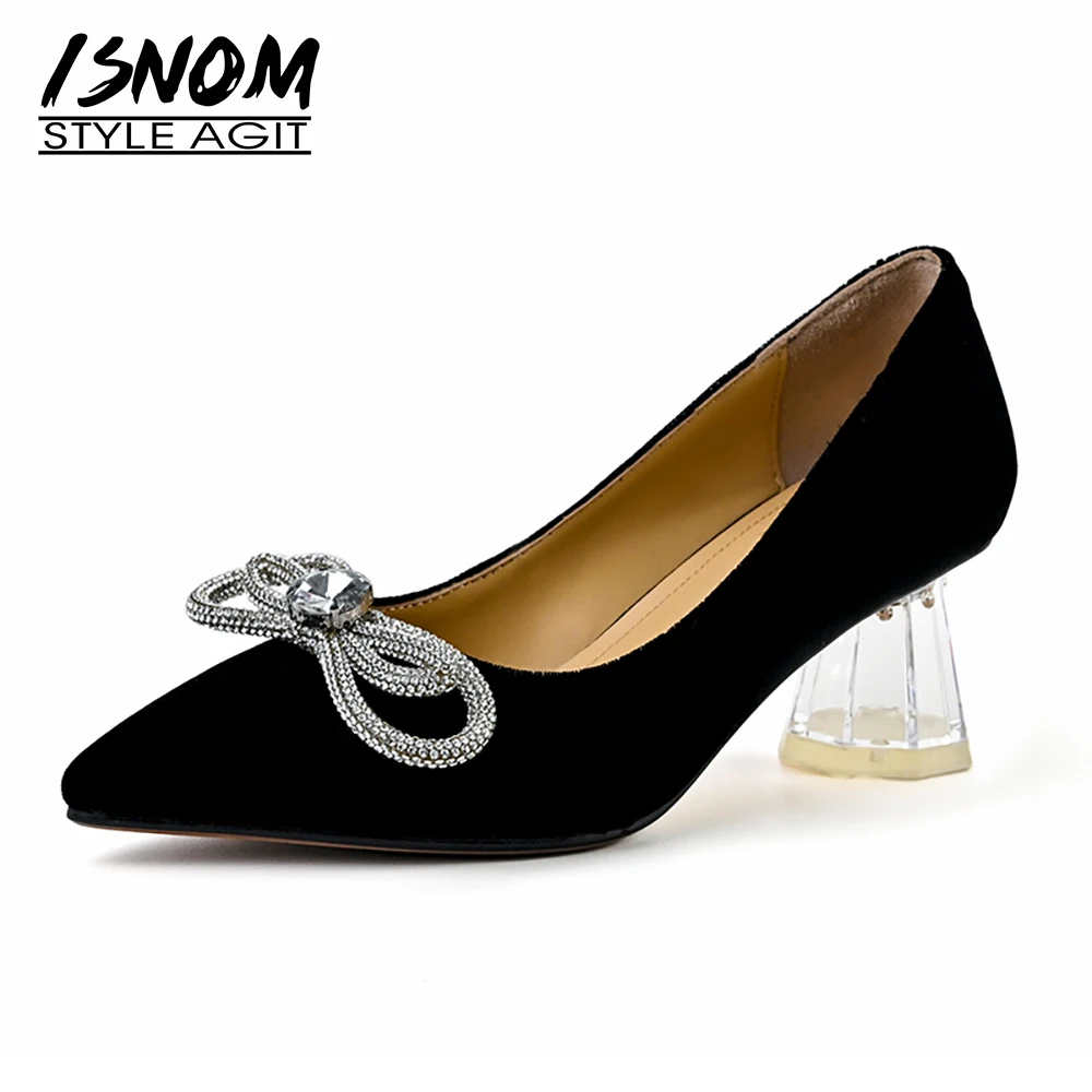 ISNOM Women Flock Pumps Pointed Toe Mid Strange Heels Spring Casual Crystal Decor Shallow Lady Wedding Dress Shoes