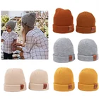 Мама и я; Детская шапка; Шапка в сплошной Цвет теплое пальто из толстой шерсти капюшон с кожаным лейблом вязаная шапка родитель-Детские шапочки унисекс детская шапочка