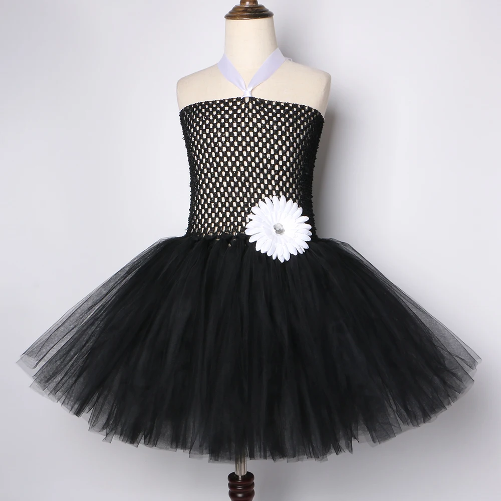Черное платье-пачка для девочек с белым цветком Вечерние платья ручной работы