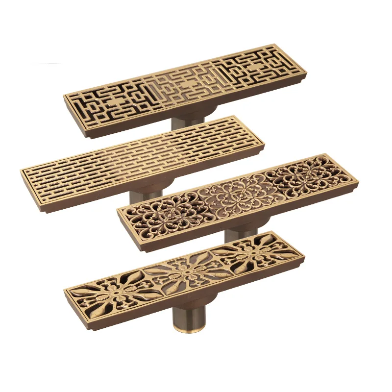 

Antique Brass Bathroom Linear Shower Floor Drain Wire Strainer Waste Drainer Flower Carved WF0140