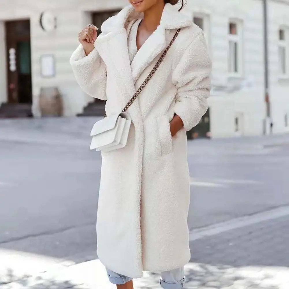

Long Sleeve Side Pockets Fluffy Women's Coat Winter/Autumn 2021 Lapel Solid Color Women Long Plush Overcoat Female Clothing