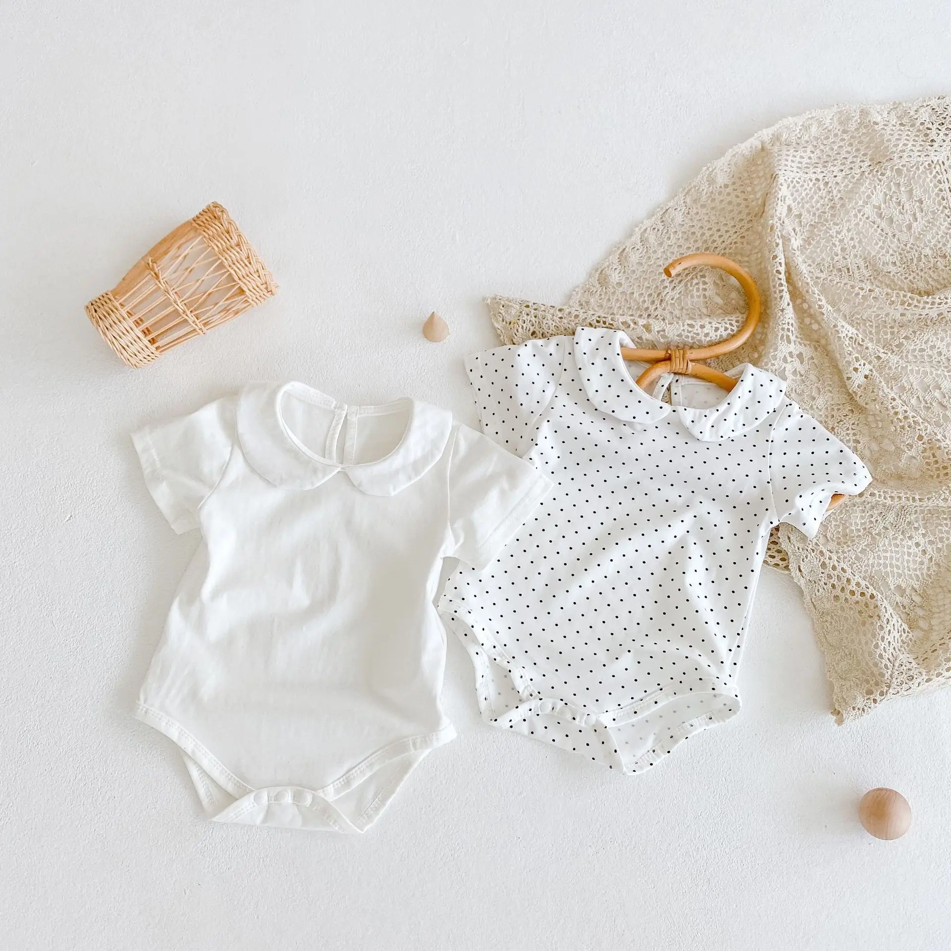 Peleles adorables para ni&ntilde;as peque&ntilde;as, Mono de algod&oacute;n de manga corta con cuello de p&eacute;talo para reci&eacute;n nacidos, ropa de una pieza-0