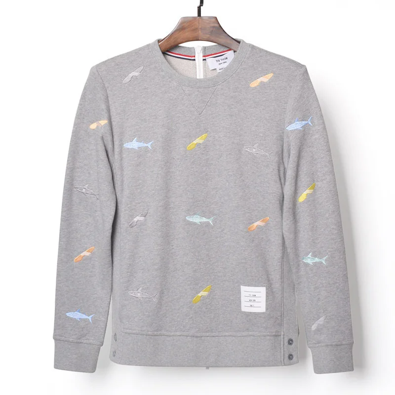 

2021 tb thom men's fashion shark embroidery sweatshirts with zipper on back o-neck cotton pullover jacket men