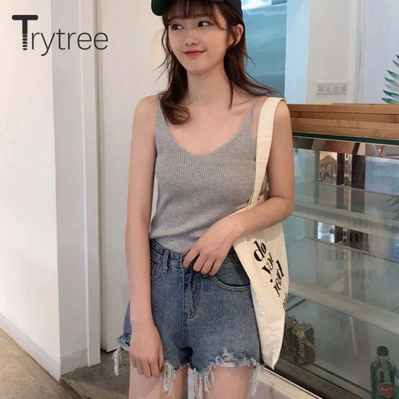 Trytree весенние сексуальные майки Женский Топ жилет с v образным вырезом вязаные