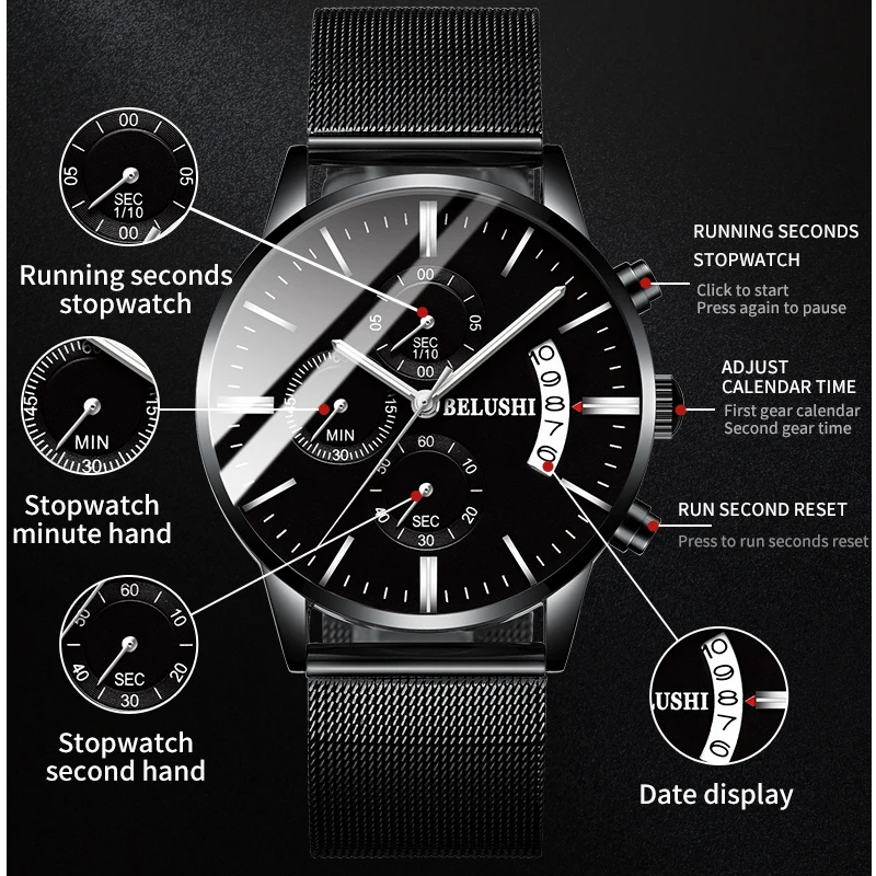 Мужские наручные часы BELUSHI новые роскошные спортивные кварцевые с хронографом и