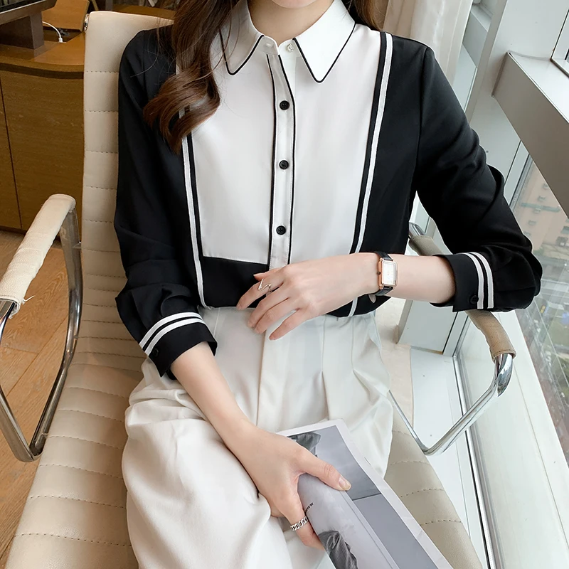 

Шифоновые свободные женские рубашки, новые модные блузки, повседневные блузки с длинным рукавом, комбинированные рубашки-поло, осенняя оде...