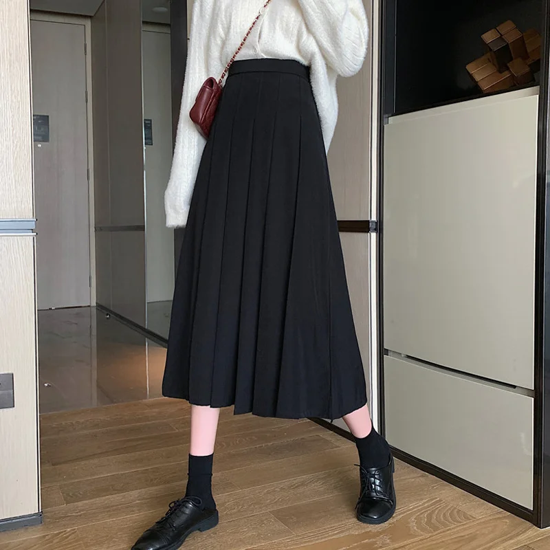 Черная плиссированная юбка Женская средней длины на весну и осень новинка 2021