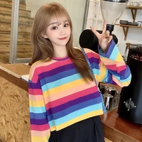 2021 polo shirt women sweatshirt long sleeve rainbow color ladies hoodies with button striped korean style sweatshirt women