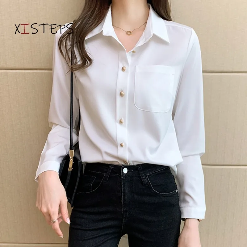 White Satin Blouses For Women 2021 Spring Ladies Office Work Wear Shirts Button Up OL Style Tops Femme Blusas Chiffon Clothes