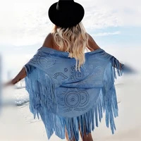 sexy beach cover up summer camel suede floral hollow out fringed bikini cover ups vintage women beachwear kimono cardigan a918