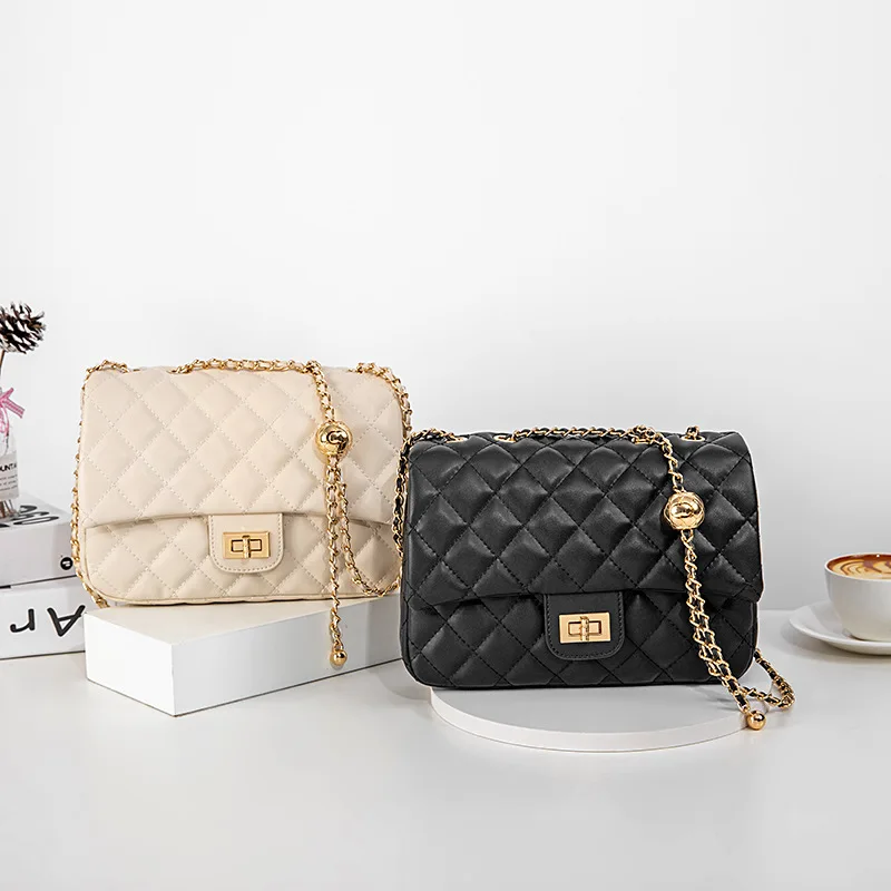 

2021 new cowhide Single Shoulder Messenger women's bag fashion trend high sense small fragrance golden ball chain bag