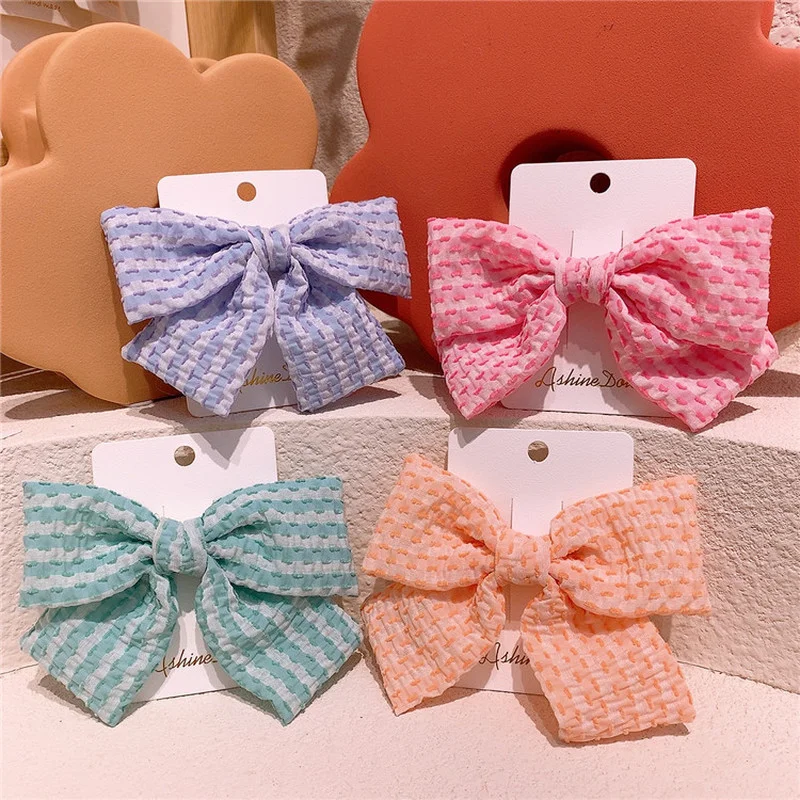 

2021 New Korean Sweet Girl Beautiful Colorful Stripe Fabric Bow Duckbill Clip Fashion Children's Hairpins Hair Accessories