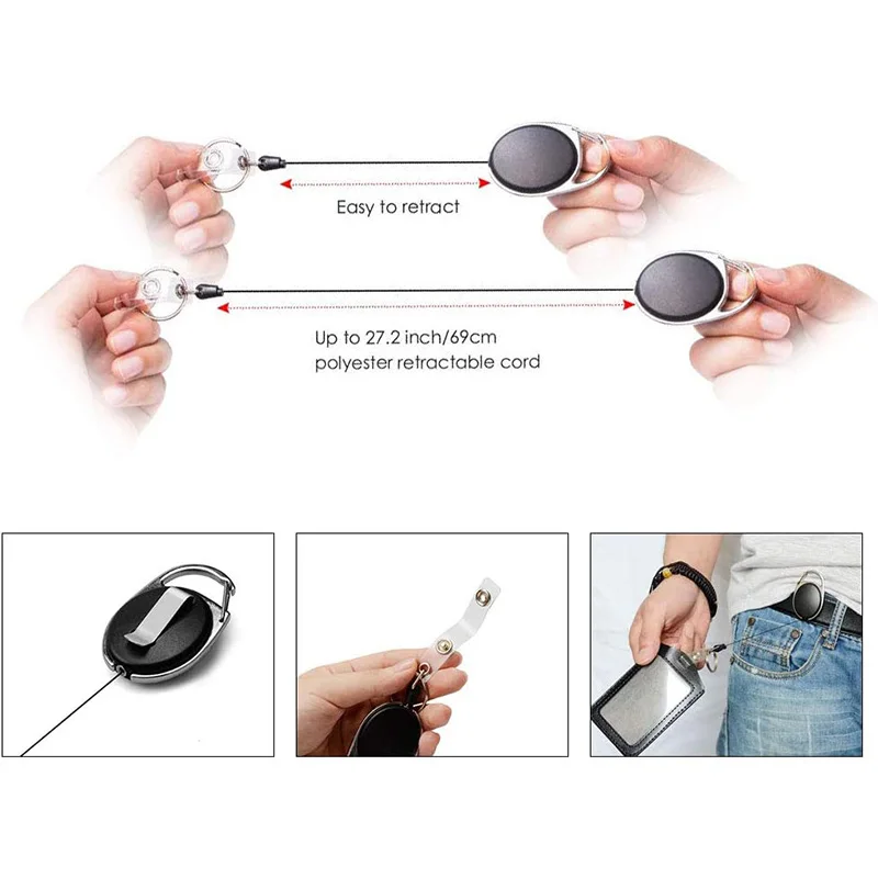 

Retractable Badge Holder, Black ID Card Holder with Carabiner Reel Clip Key Ring, Pack of 15