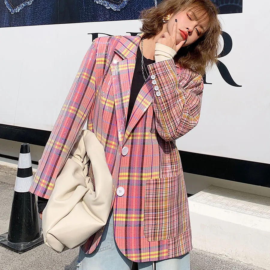 

2020 Autumn Spring Women Pink Plaid Blazers and Jackets Sequins Blazer Feminino Ins Fashion Trend Loose Street Tops