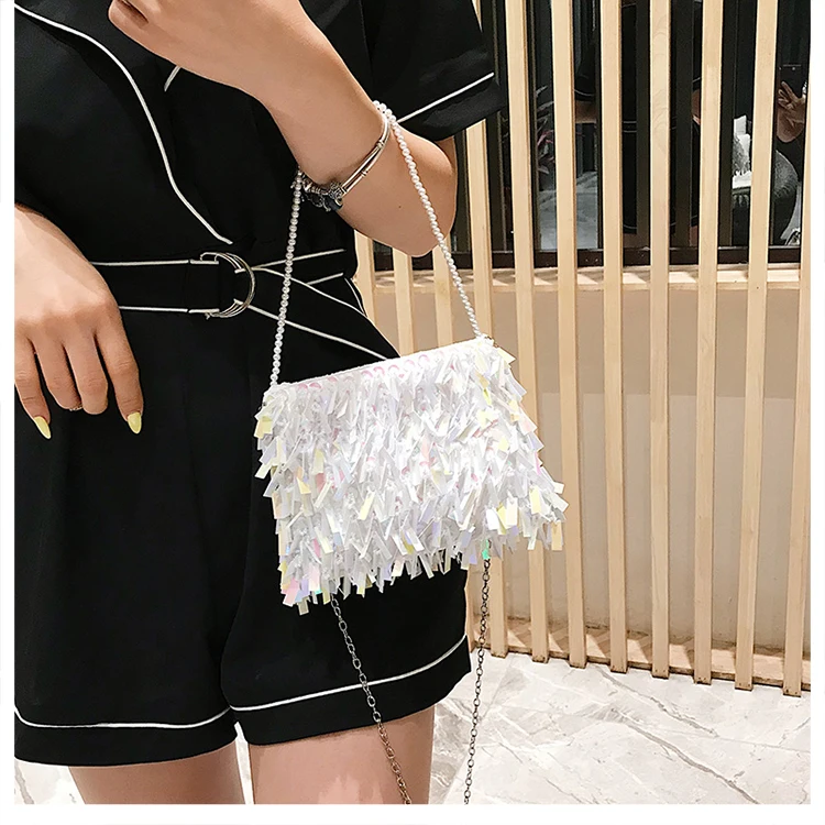 Fashion Design Luxury Silver Sequin Rhinestone Tassel Women Small Shoulder Bags Chain Elegant Ladies Party Evening Clutch Purse images - 6