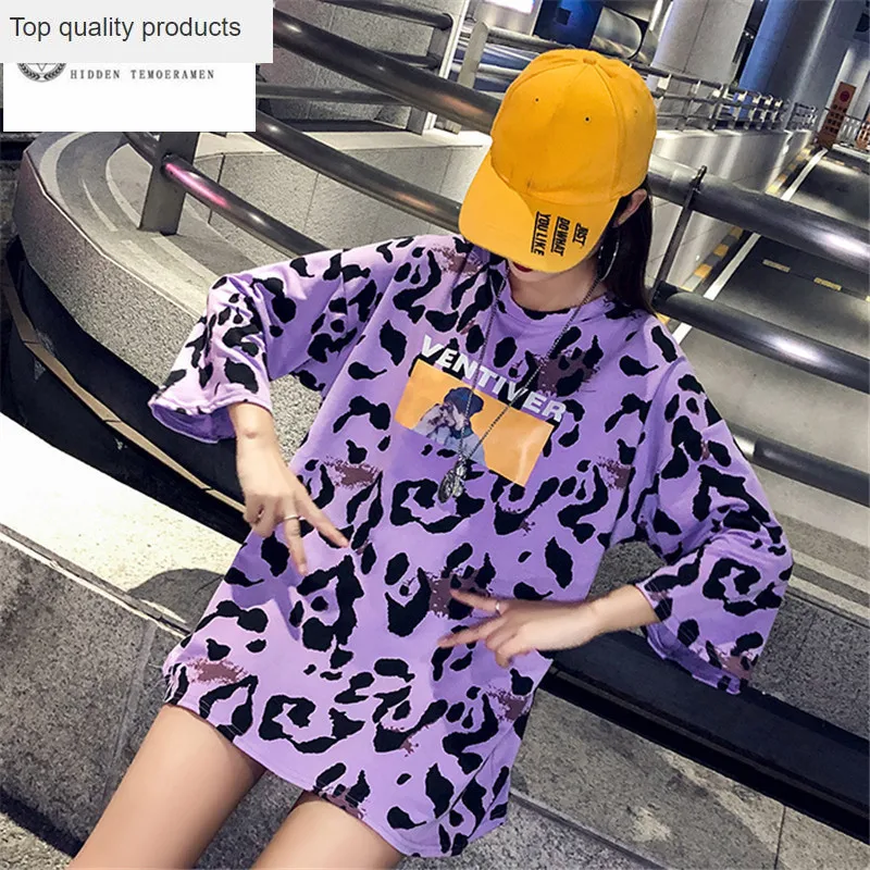 Hot sale 2020 Summer New Long section Loose leopard Print T-shirt Fashion Casual Round neck Women bottoming Tops C037 | Женская одежда