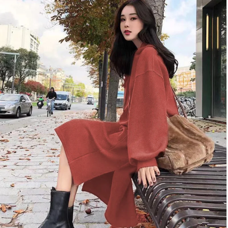

Autumn Winter Women's Hoodies Loose Hooded Drawstring Long Sweatshirt Dress Women 2021 Fashion Korean Style Pullovers Female