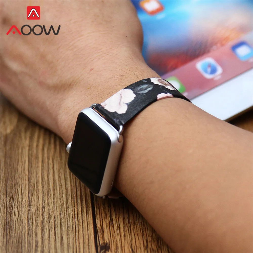 Кожаный ремешок для часов с цветочным принтом для Apple Watch 38 мм 42 мм 44 сменный Браслет в стиле ретро с белой розой для iwatch 12 3 4