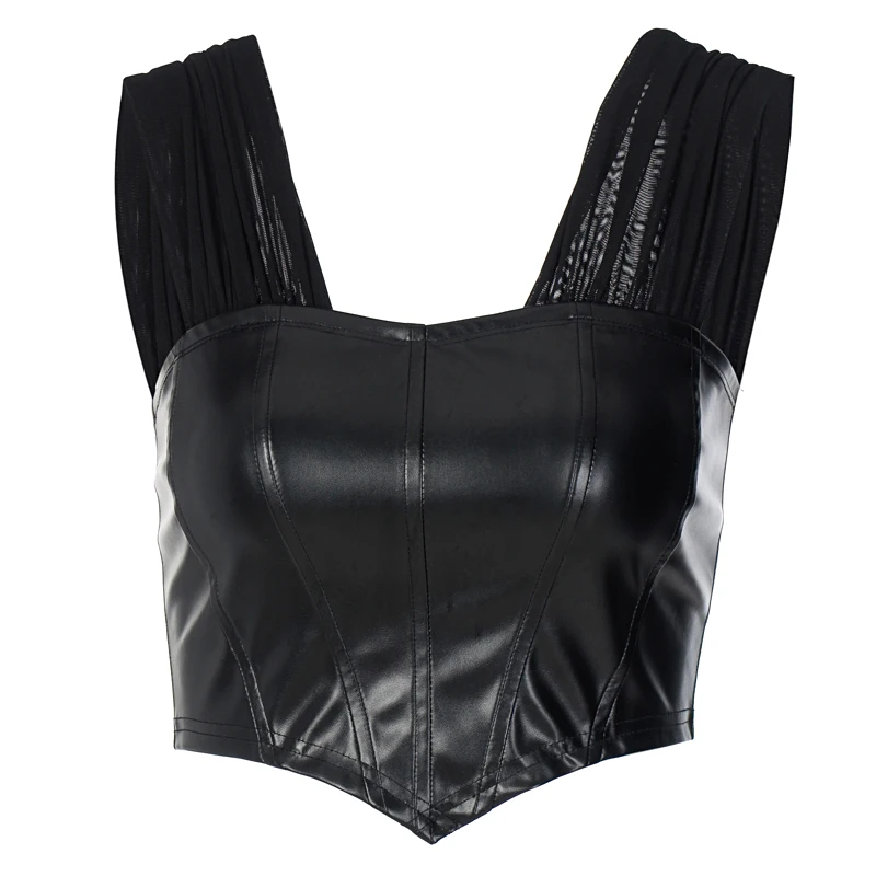 

Women Solid Vest Summer PU Leather Back Zipper Off Shoulder Sleeveless Exposed Navel Mesh Yarn Suspender Tank Bustier Top
