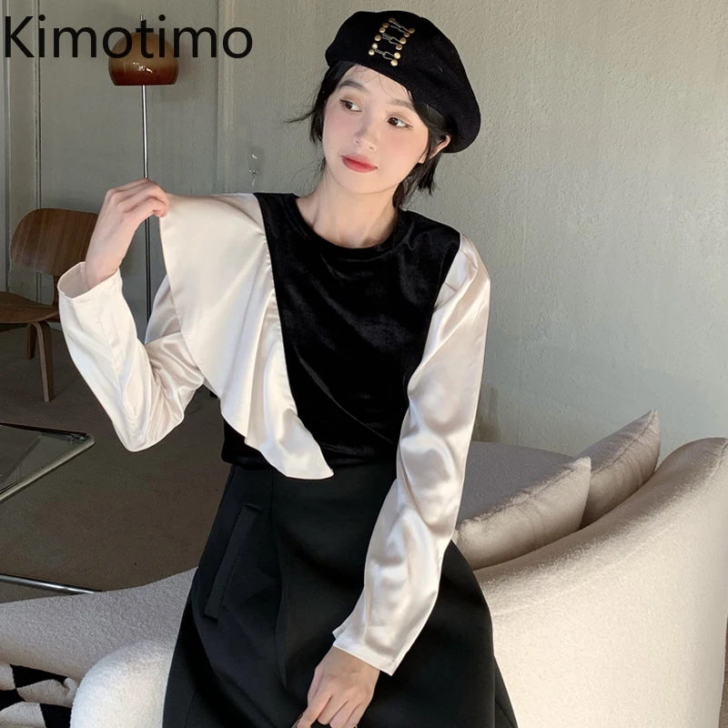

Женская бархатная блузка Kimotimo, французские темпераментные женские топы с оборками и круглым вырезом, осенний дизайн 2021, милая универсальна...