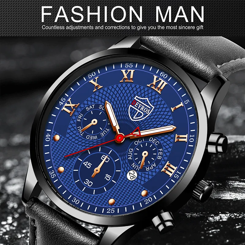 

Мужские часы DEYROS с календарем, модные светящиеся кварцевые наручные часы с кожаным ремешком, декоративные деловые мужские часы с тремя глазами, мужские часы