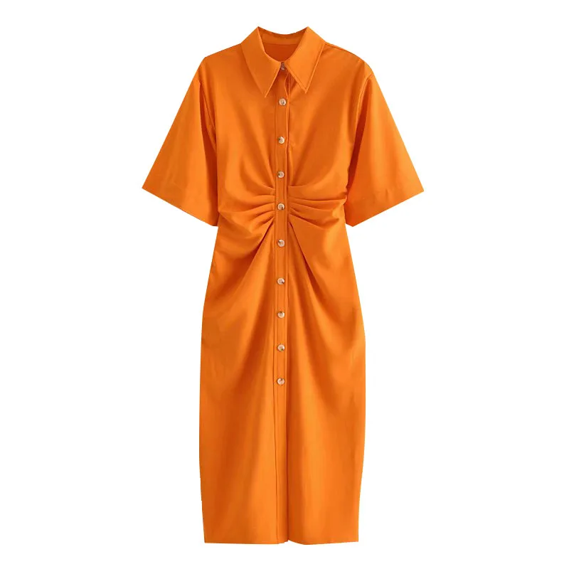 2022 Women Chic Fashion Button-up Draped Midi Shirt Dress Vintage Short Sleeve Side Zipper Female Dresses Vestidos