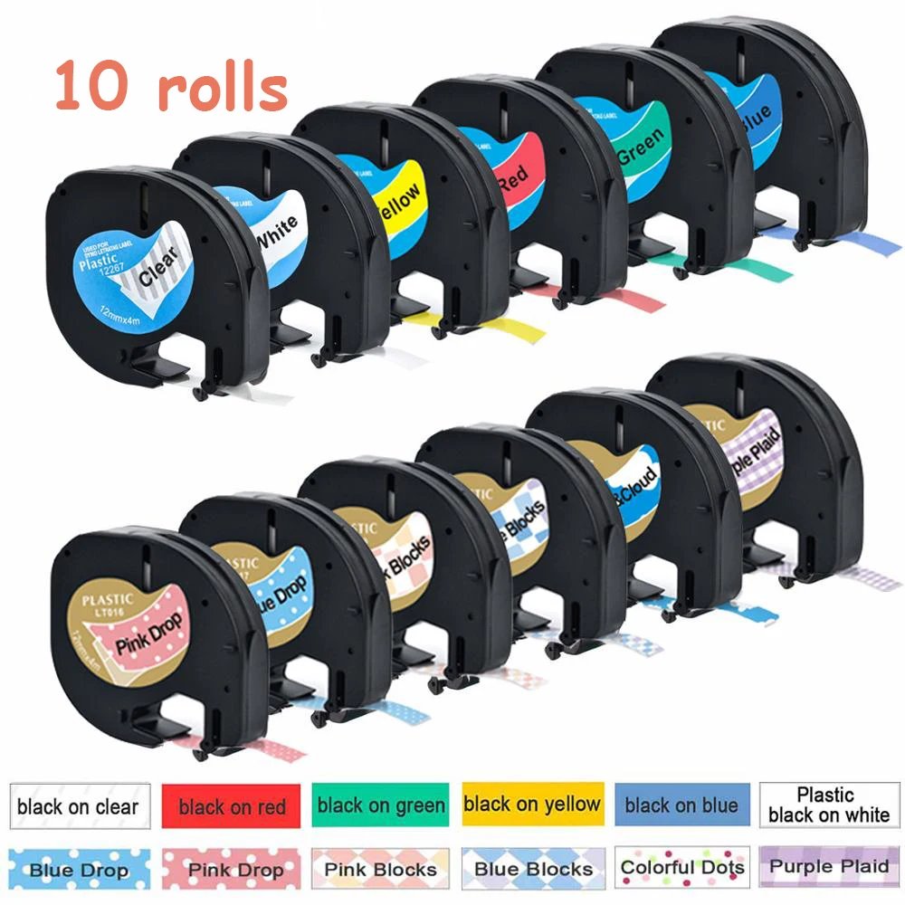 

10psc Label World multicolor LT 12267/91200/91201/91202 label tape 12mm*4m Compatible for Dymo Letratag Tape for LT-100H LT-100T
